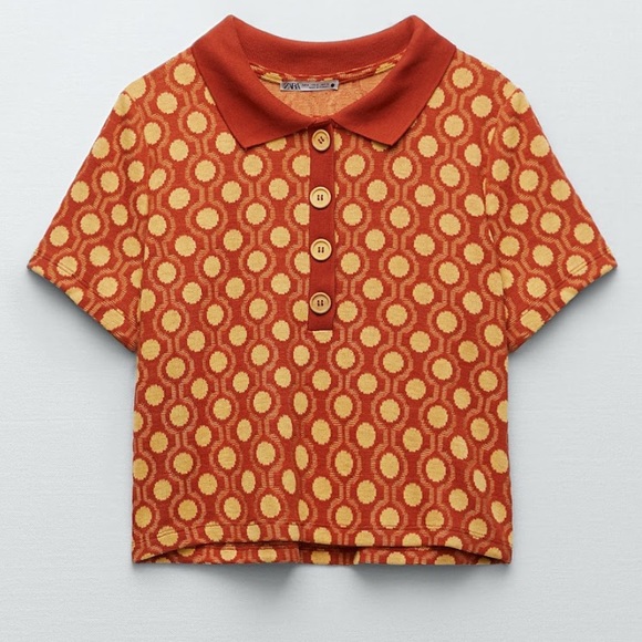 Zara Crop Collared Buttons Burnt Orange yellow Thin Soft Knit Top - Picture 2 of 11